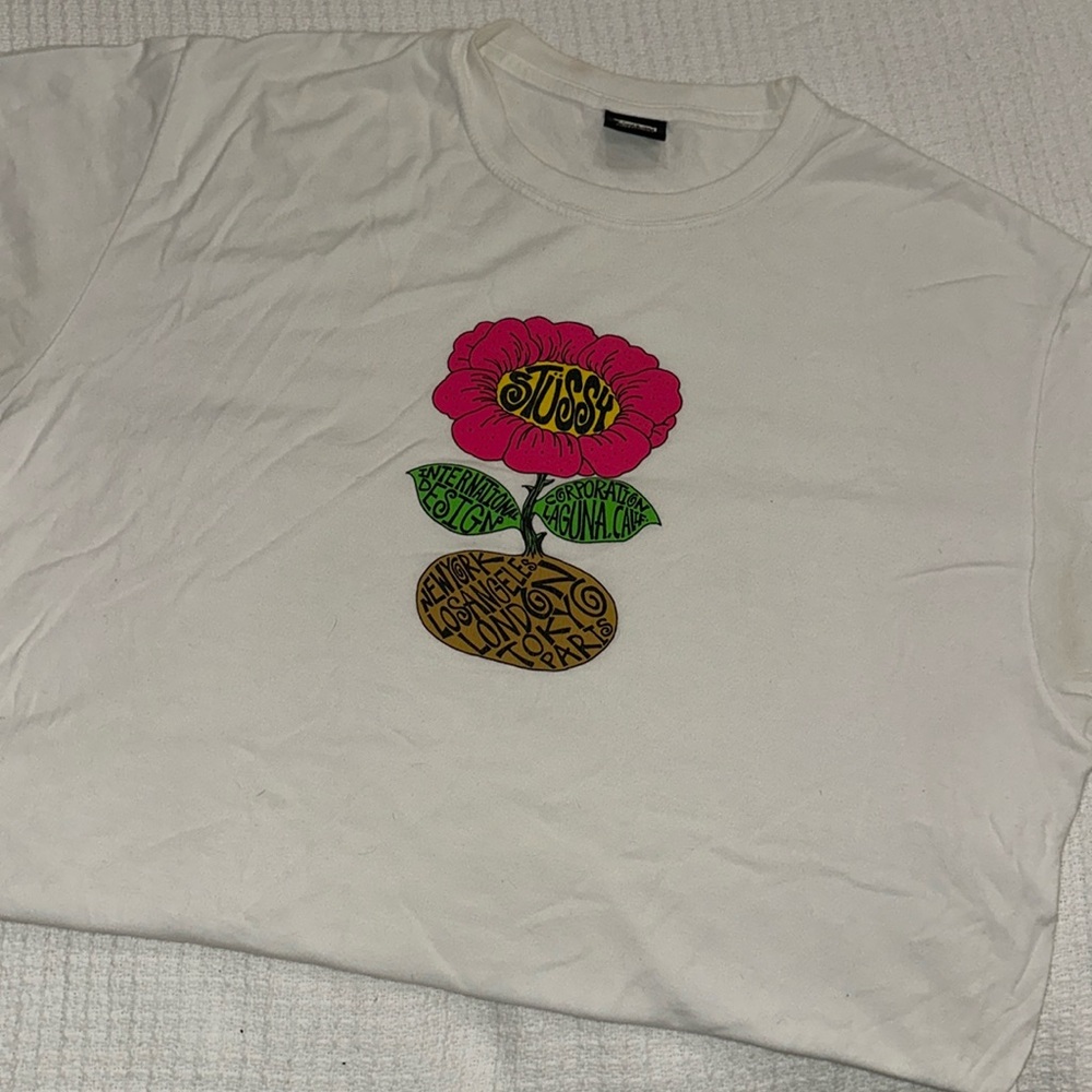 Stussy White Tee with Pink and Green Graphic